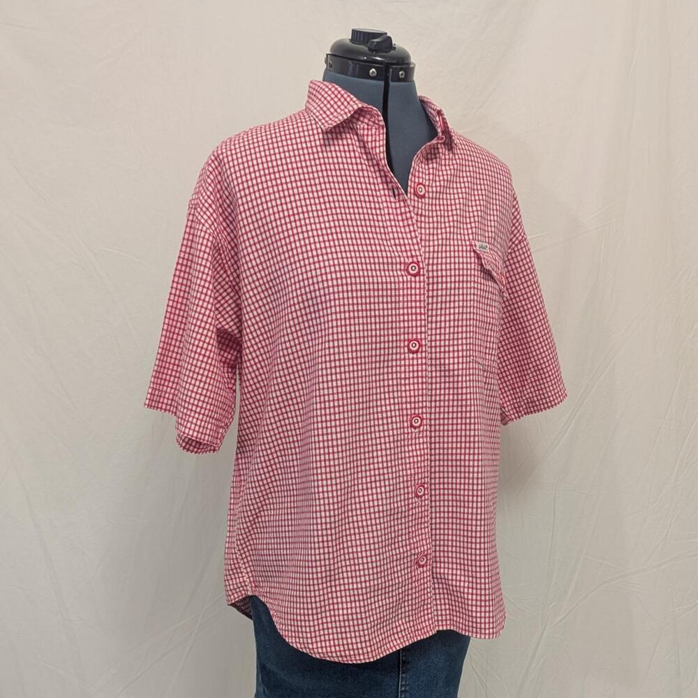 Chic Red Gingham 100% Cotton Short Sleeve Button Up Shirt Women’s size L